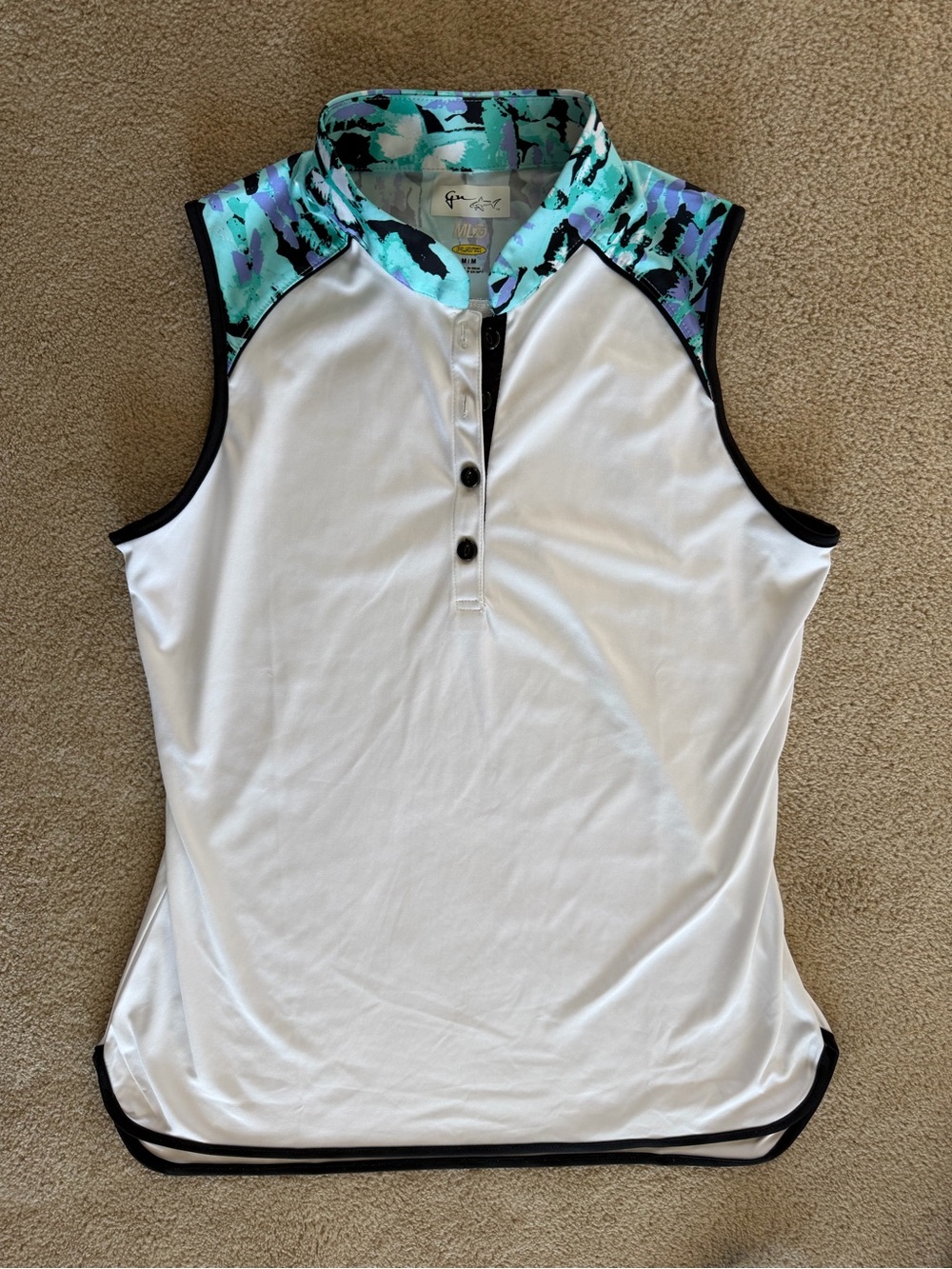 Greg Norman Collection White Sleeveless Polo with Teal Floral Collar